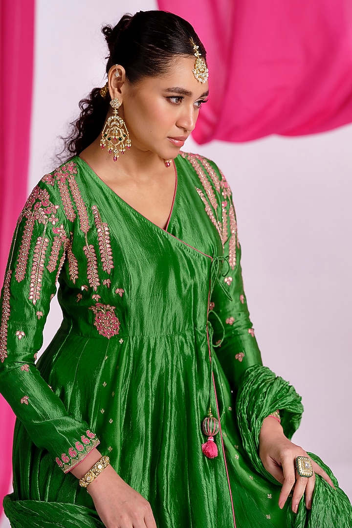 Green Silk Aari Work Wedding Anarkali Set by Almaari by Pooja Patel at Pernia's Pop Up Shop