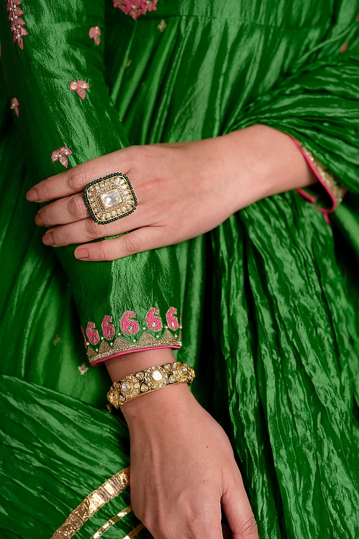 Green Silk Aari Work Wedding Anarkali Set by Almaari by Pooja Patel at Pernia's Pop Up Shop