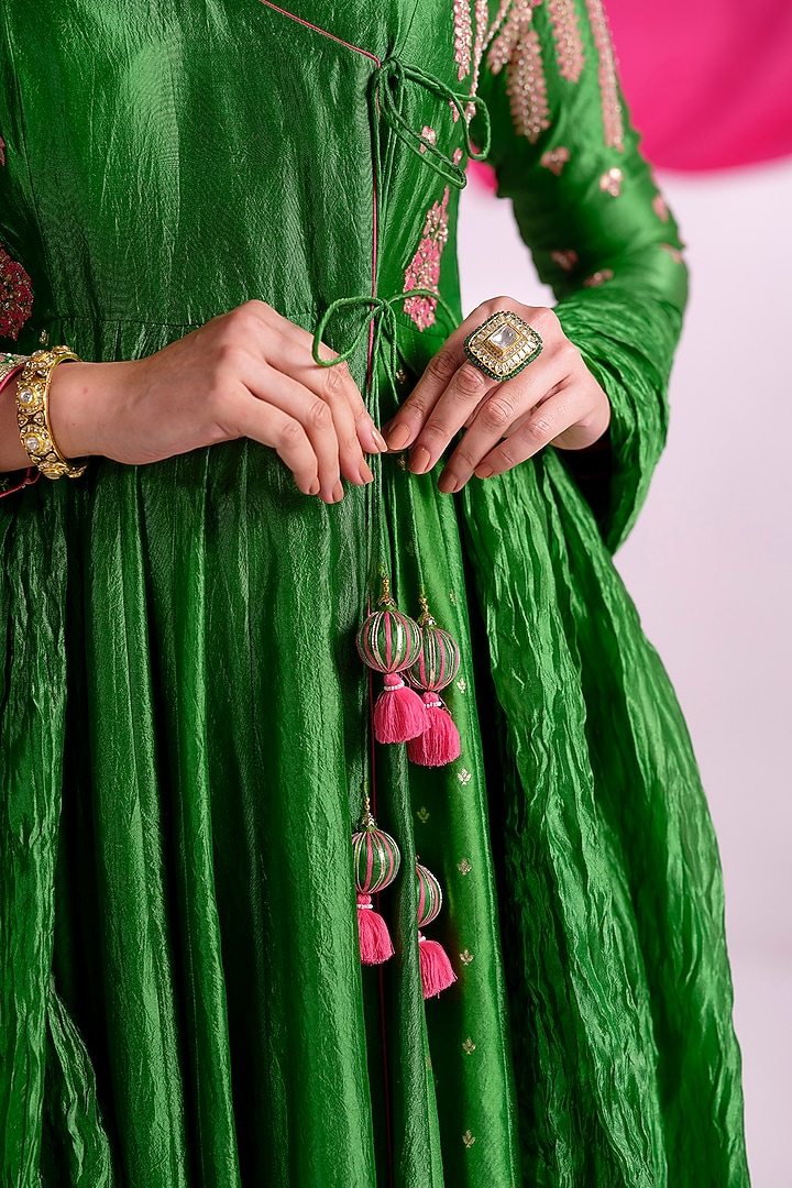 Green Silk Aari Work Wedding Anarkali Set by Almaari by Pooja Patel at Pernia's Pop Up Shop