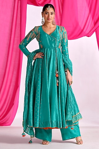 Green Silk Aari Work Anarkali Set by Almaari by Pooja Patel