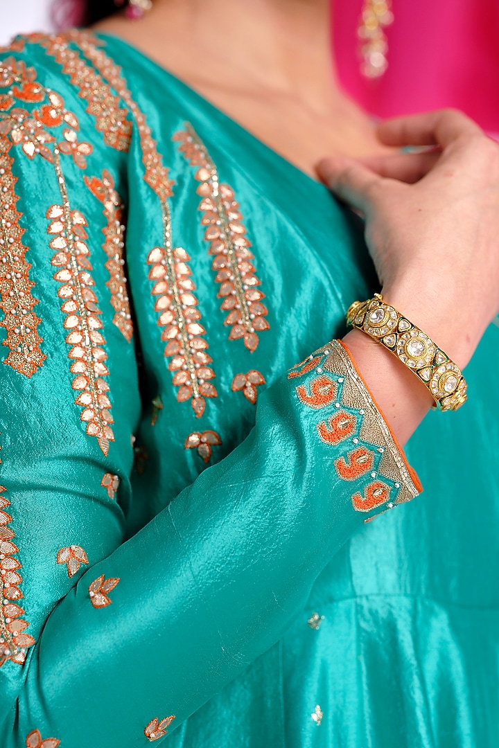 Green Silk Aari Work Wedding Anarkali Set by Almaari by Pooja Patel at Pernia's Pop Up Shop