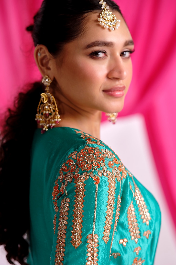 Green Silk Aari Work Wedding Anarkali Set by Almaari by Pooja Patel at Pernia's Pop Up Shop
