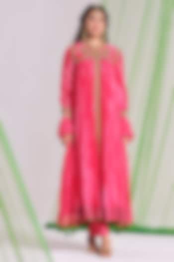 Pink Silk Aari Work Wedding Anarkali Set by Almaari by Pooja Patel at Pernia's Pop Up Shop