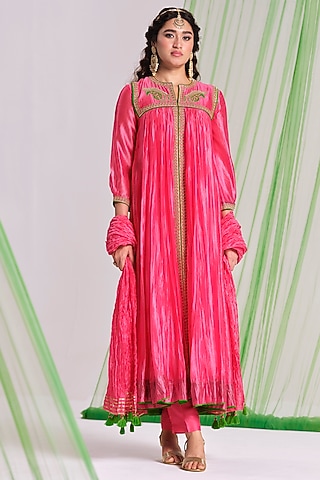 Pink Silk Aari Work Anarkali Set by Almaari by Pooja Patel