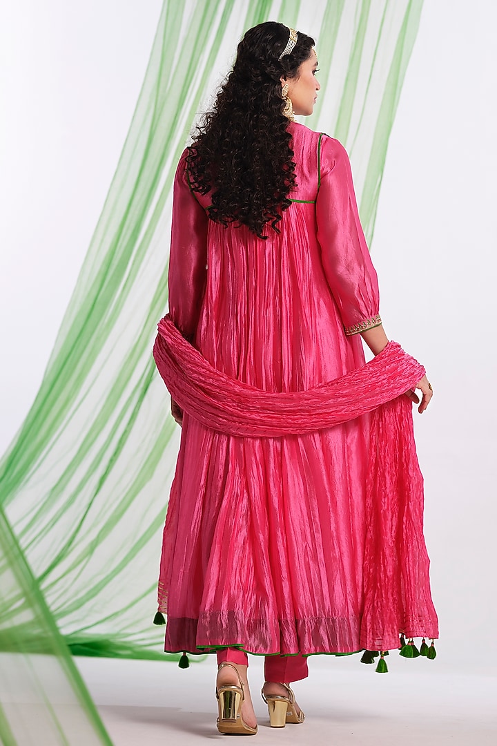 Pink Silk Aari Work Wedding Anarkali Set by Almaari by Pooja Patel at Pernia's Pop Up Shop