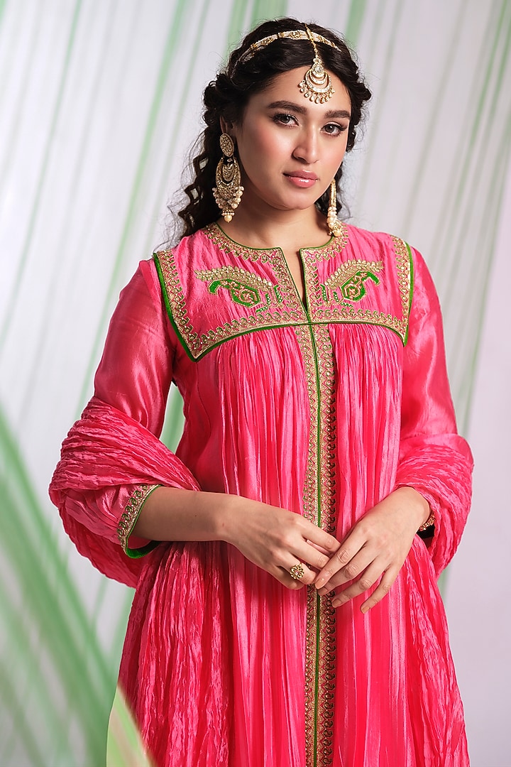 Pink Silk Aari Work Wedding Anarkali Set by Almaari by Pooja Patel at Pernia's Pop Up Shop