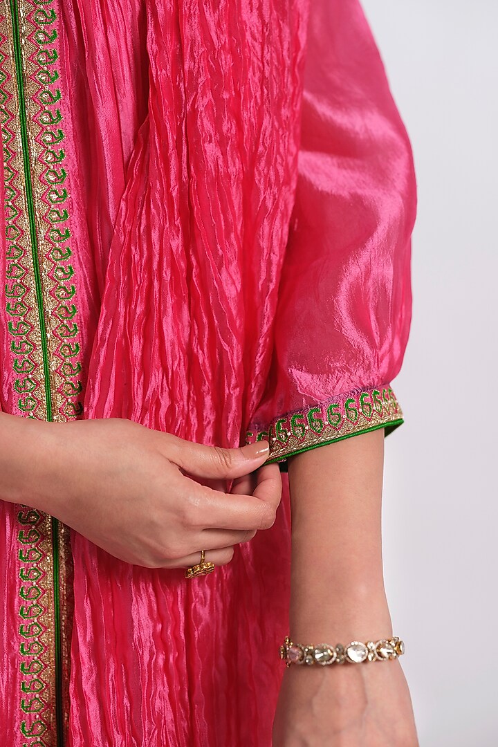 Pink Silk Aari Work Wedding Anarkali Set by Almaari by Pooja Patel at Pernia's Pop Up Shop