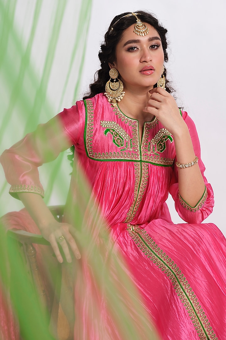 Pink Silk Aari Work Wedding Anarkali Set by Almaari by Pooja Patel at Pernia's Pop Up Shop