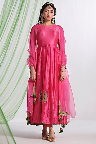 Pink Silk Aari Work Anarkali Set by Almaari by Pooja Patel