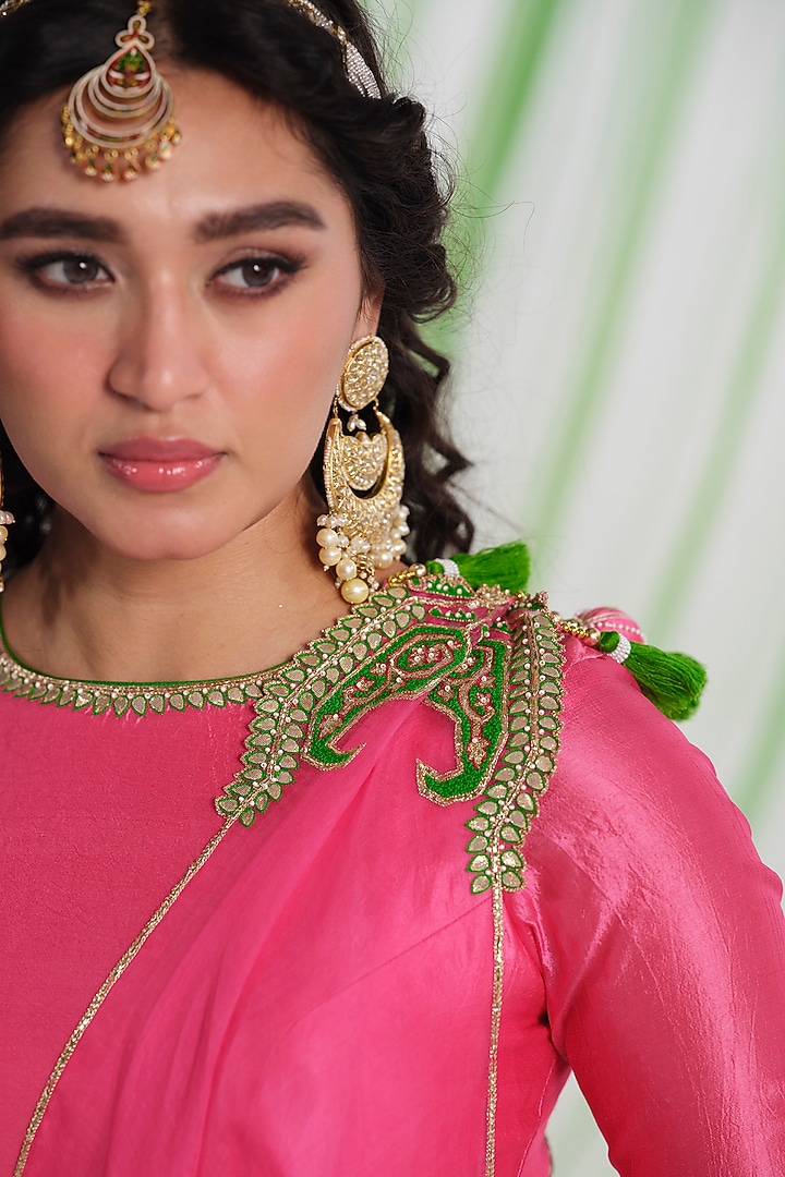 Pink Silk Aari Work Wedding Anarkali Set by Almaari by Pooja Patel at Pernia's Pop Up Shop