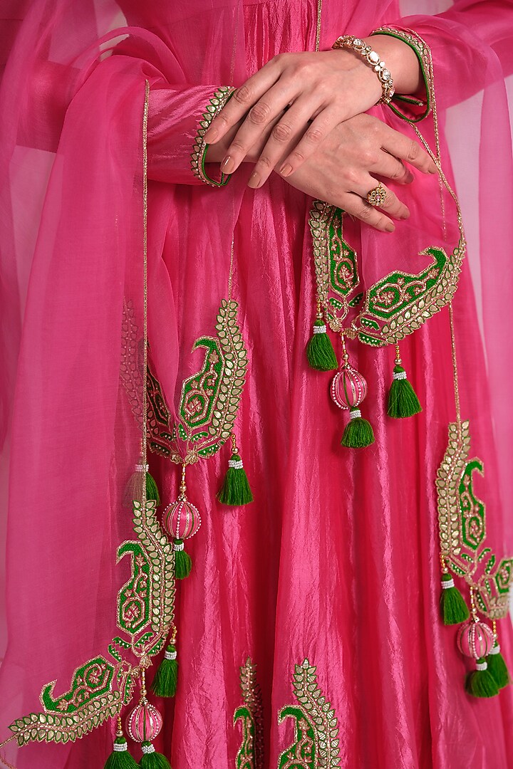 Pink Silk Aari Work Wedding Anarkali Set by Almaari by Pooja Patel at Pernia's Pop Up Shop