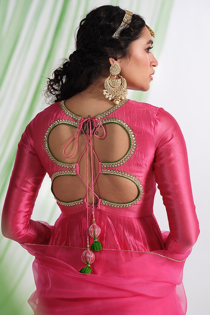 Pink Silk Aari Work Wedding Anarkali Set by Almaari by Pooja Patel at Pernia's Pop Up Shop