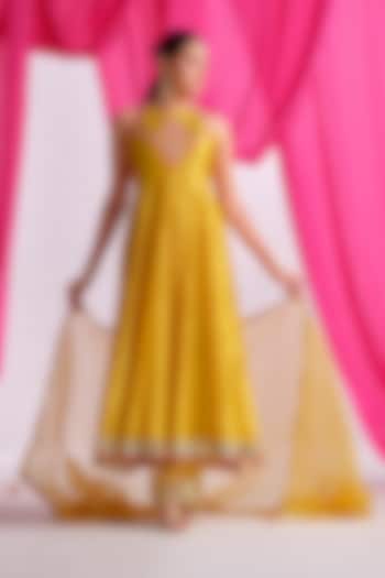 Yellow Silk Aari Work Party Wear Anarkali Set by Almaari by Pooja Patel at Pernia's Pop Up Shop