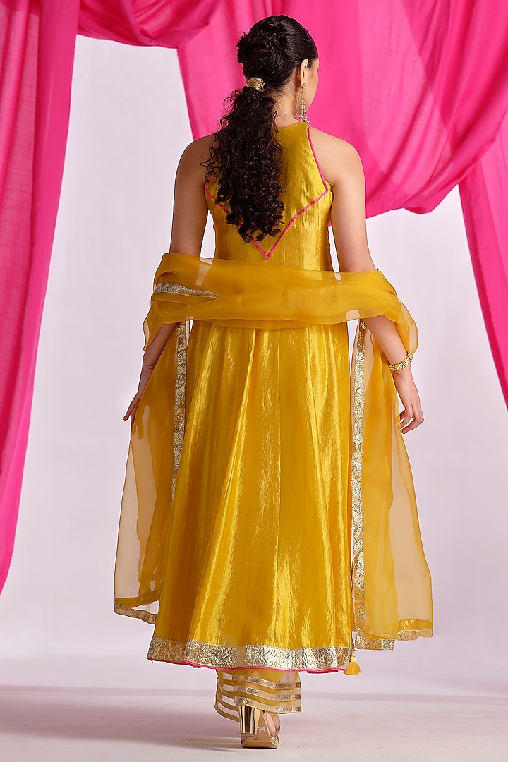 Yellow Silk Aari Work Party Wear Anarkali Set by Almaari by Pooja Patel at Pernia's Pop Up Shop