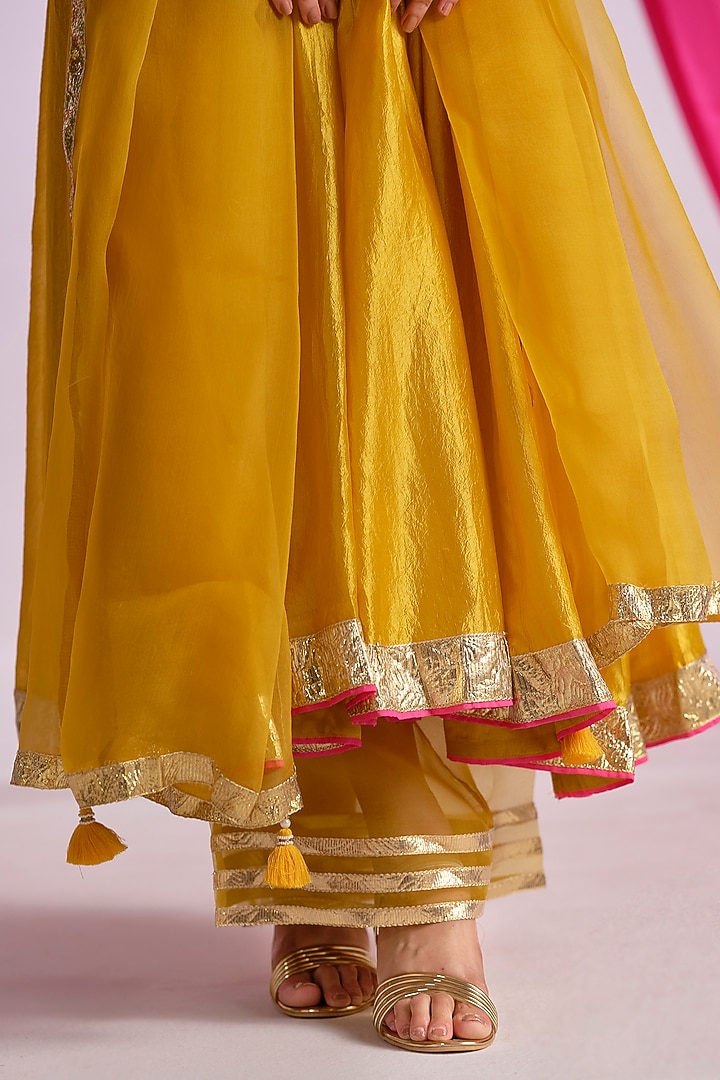 Yellow Silk Aari Work Party Wear Anarkali Set by Almaari by Pooja Patel at Pernia's Pop Up Shop