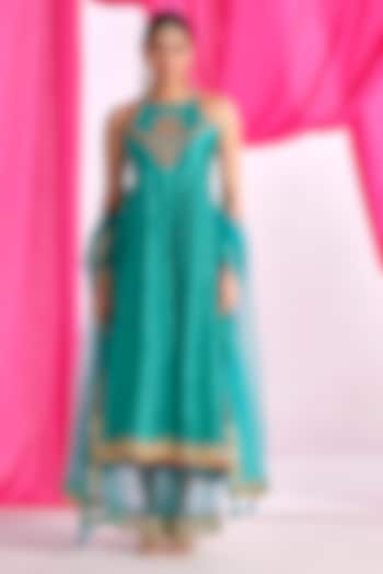 Green Silk Aari Work Party Wear Anarkali Set by Almaari by Pooja Patel at Pernia's Pop Up Shop