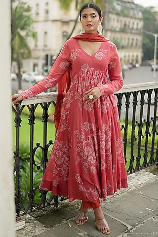 Red Chanderi Floral Printed Anarkali Set by Almaari by Pooja Patel