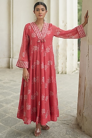 Red Chanderi Floral Printed Anarkali Set by Almaari by Pooja Patel