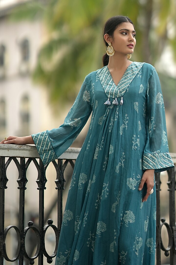 Steel Blue Chanderi Floral Printed Anarkali Set by Almaari by Pooja ...