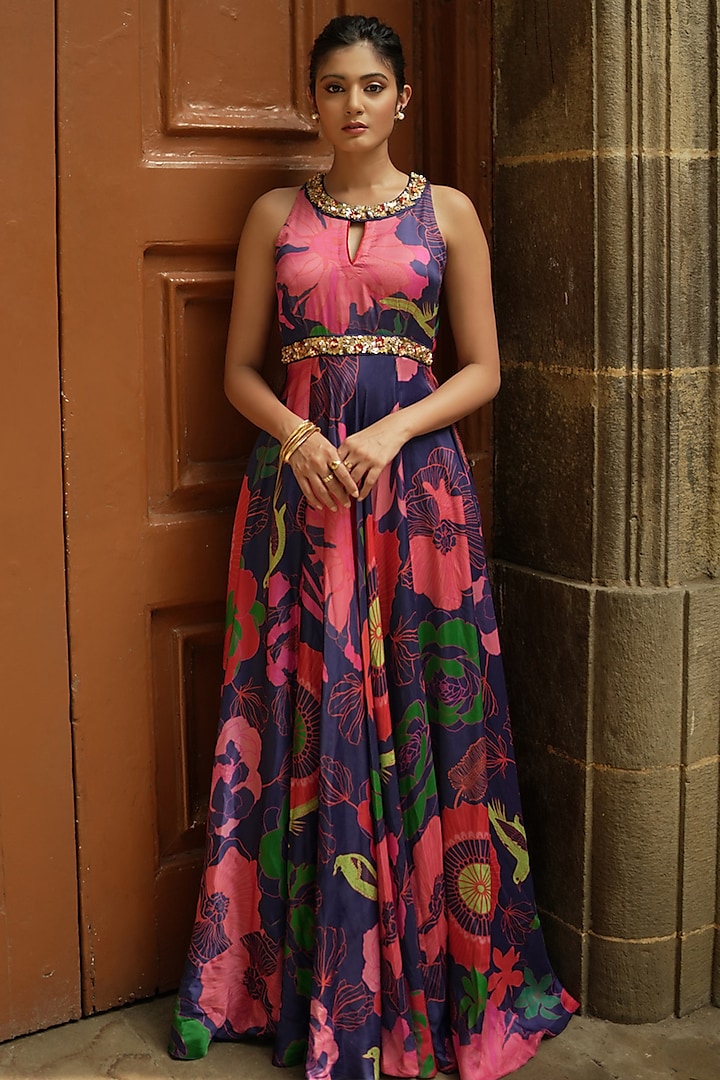 Indigo Modal Floral Printed & Beads Embellished Gown by Almaari by Pooja Patel