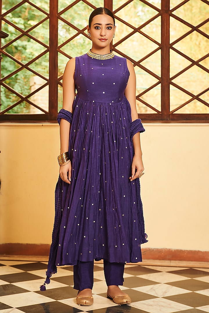 Purple Soft Chanderi Pearl Work Anarkali Set by Almaari by Pooja Patel at Pernia's Pop Up Shop