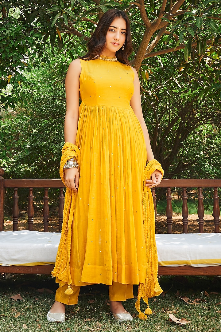 Yellow Soft Chanderi Pearl Work Anarkali Set by Almaari by Pooja Patel at Pernia's Pop Up Shop