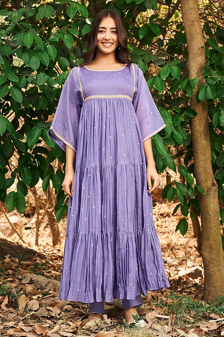 Light Purple Soft Chanderi Pearl Work Tiered Kurta Set by Almaari by Pooja Patel at Pernia's Pop Up Shop