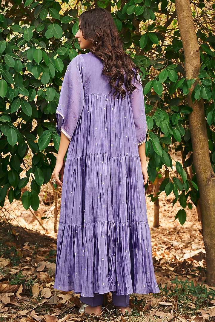 Light Purple Soft Chanderi Pearl Work Tiered Kurta Set by Almaari by Pooja Patel at Pernia's Pop Up Shop