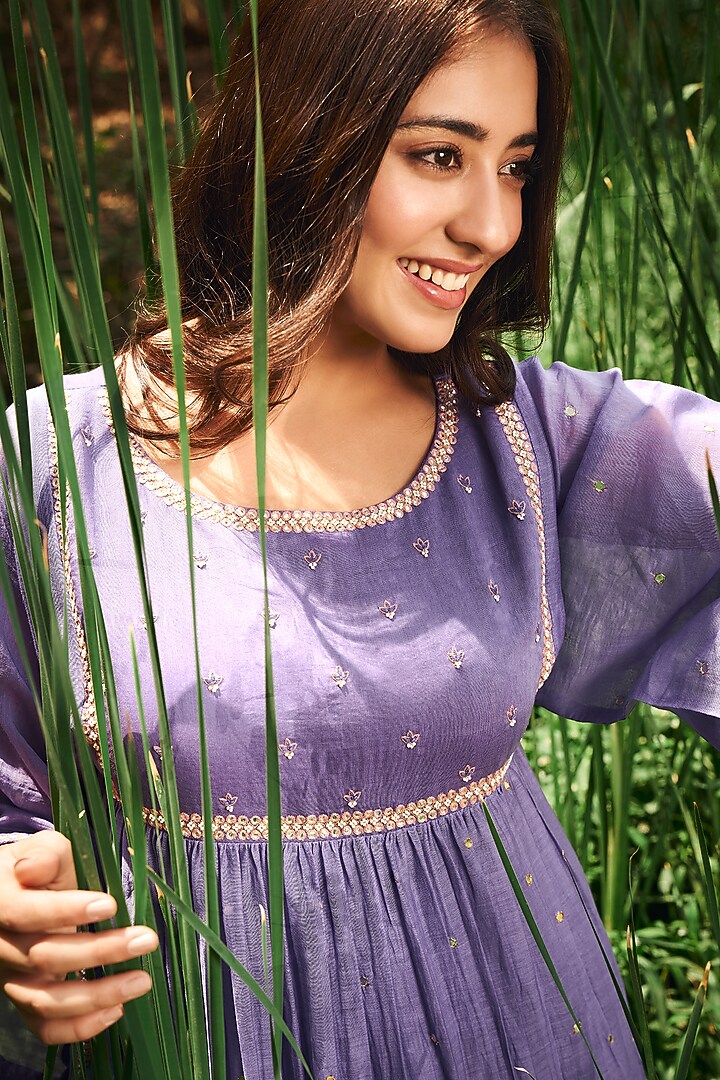 Light Purple Soft Chanderi Pearl Work Tiered Kurta Set by Almaari by Pooja Patel at Pernia's Pop Up Shop