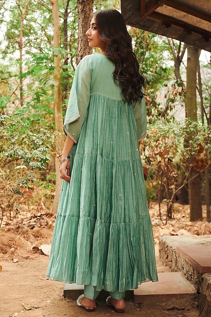 Mint Green Soft Chanderi Pearl Work Tiered Kurta Set by Almaari by Pooja Patel at Pernia's Pop Up Shop