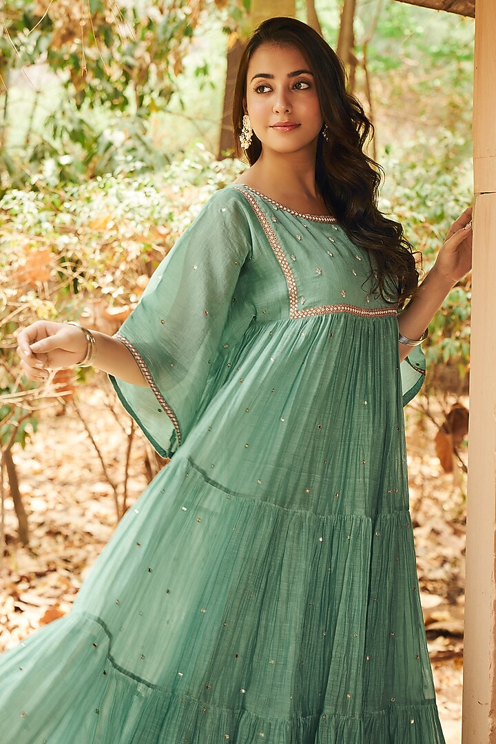 Mint Green Soft Chanderi Pearl Work Tiered Kurta Set by Almaari by Pooja Patel at Pernia's Pop Up Shop