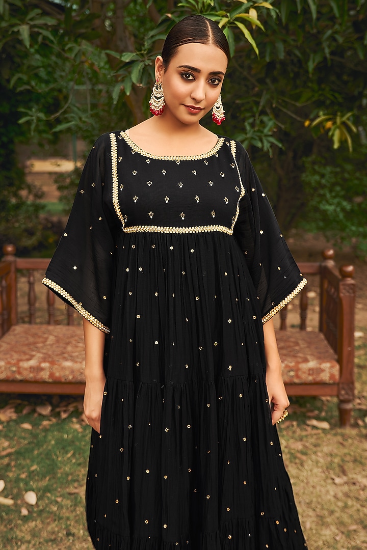 Black Soft Chanderi Pearl Work Tiered Kurta Set by Almaari by Pooja Patel at Pernia's Pop Up Shop