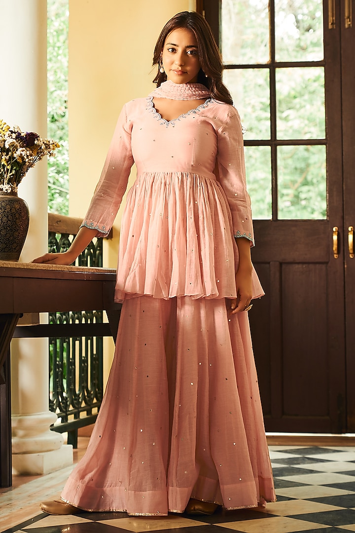 Peach Soft Chanderi Flared Sharara Set by Almaari by Pooja Patel at Pernia's Pop Up Shop