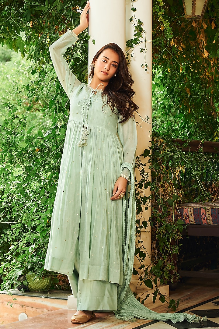 Green Soft Chanderi Dori Work Anarkali Set by Almaari by Pooja Patel at Pernia's Pop Up Shop