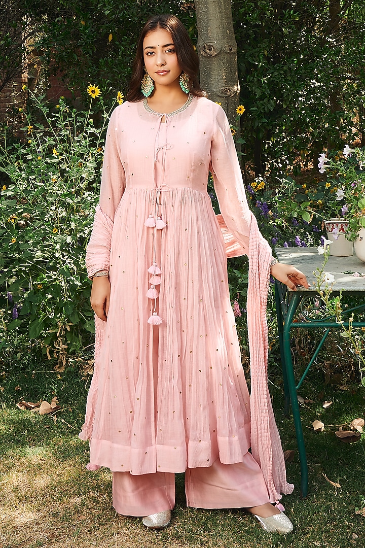 Light Pink Soft Chanderi Dori Work Anarkali Set by Almaari by Pooja Patel at Pernia's Pop Up Shop