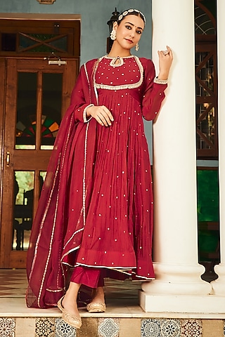 Red Soft Chanderi Pearl Work Party Wear Anarkali Set by Almaari by ...