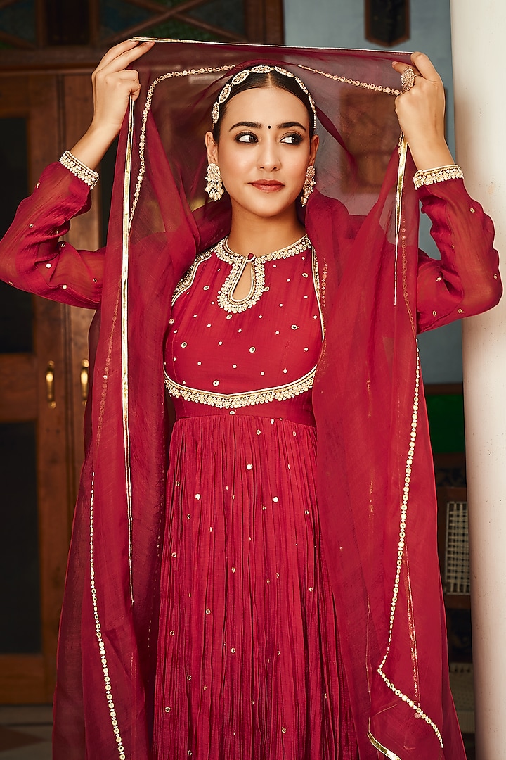Red Soft Chanderi Pearl Work Party Wear Anarkali Set by Almaari by Pooja Patel at Pernia's Pop Up Shop