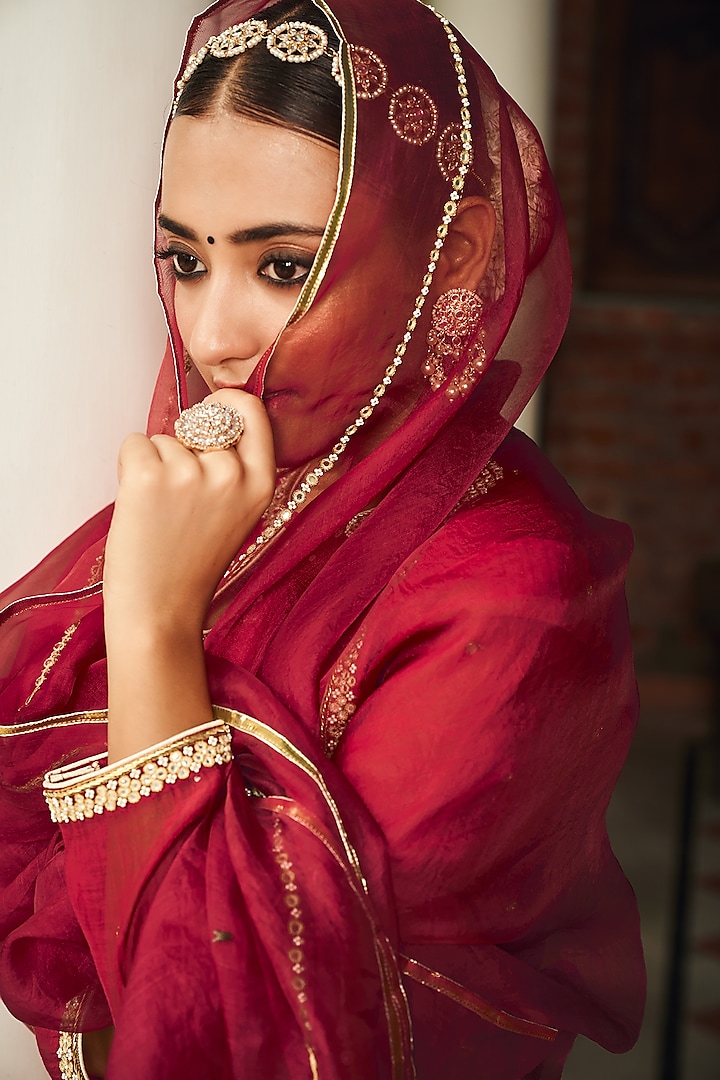 Red Soft Chanderi Pearl Work Party Wear Anarkali Set by Almaari by Pooja Patel at Pernia's Pop Up Shop