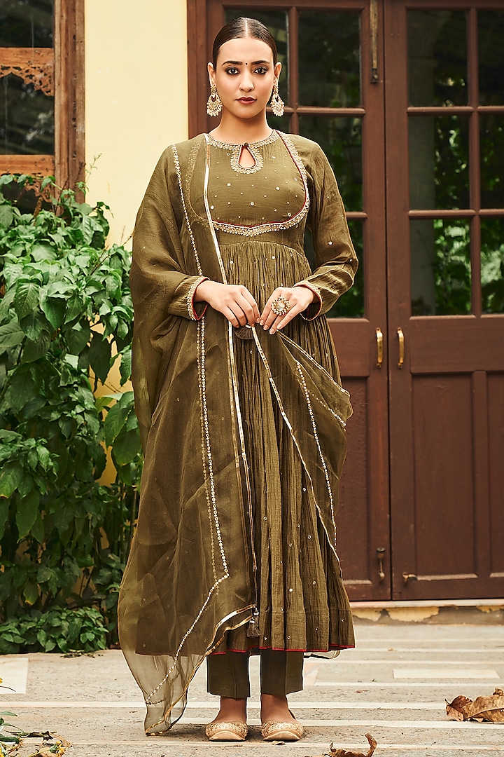 Olive Green Soft Chanderi Pearl Work Anarkali Set by Almaari by Pooja Patel at Pernia's Pop Up Shop