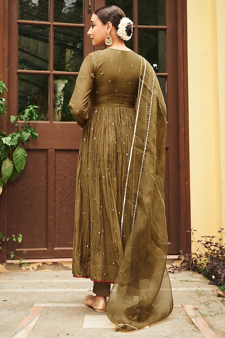 Olive Green Soft Chanderi Pearl Work Party Wear Anarkali Set by Almaari by Pooja Patel at Pernia's Pop Up Shop