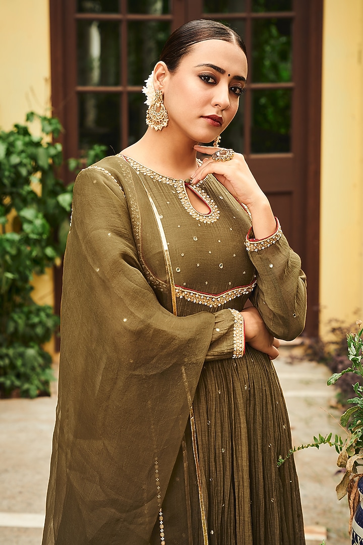 Olive Green Soft Chanderi Pearl Work Party Wear Anarkali Set by Almaari by Pooja Patel at Pernia's Pop Up Shop