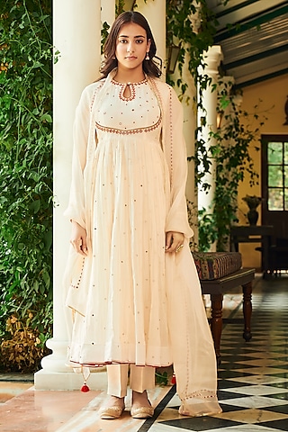 Off-White Soft Chanderi Pearl Work Anarkali Set by Almaari by Pooja Patel