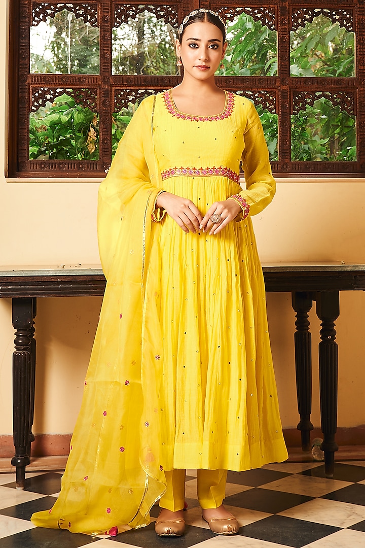 Yellow Soft Chanderi Pearl Work Anarkali Set by Almaari by Pooja Patel at Pernia's Pop Up Shop