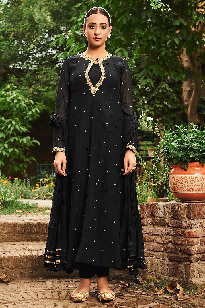 Black Soft Chanderi Pearl Work Anarkali Set by Almaari by Pooja Patel at Pernia's Pop Up Shop