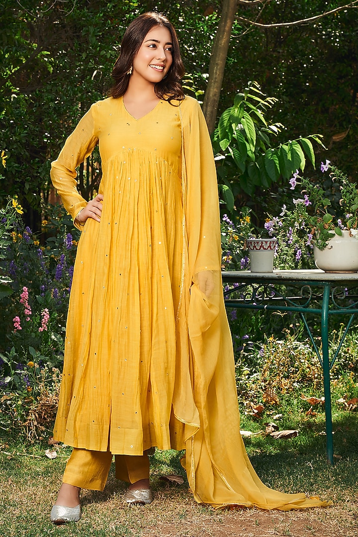 Yellow Soft Chanderi Scattered Mirror Work Anarkali Set by Almaari by Pooja Patel at Pernia's Pop Up Shop