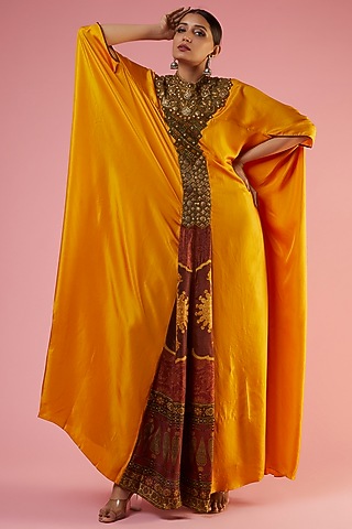 Mustard Silk Printed & Hand Embroidered Kaftan Set by Ashima Leena