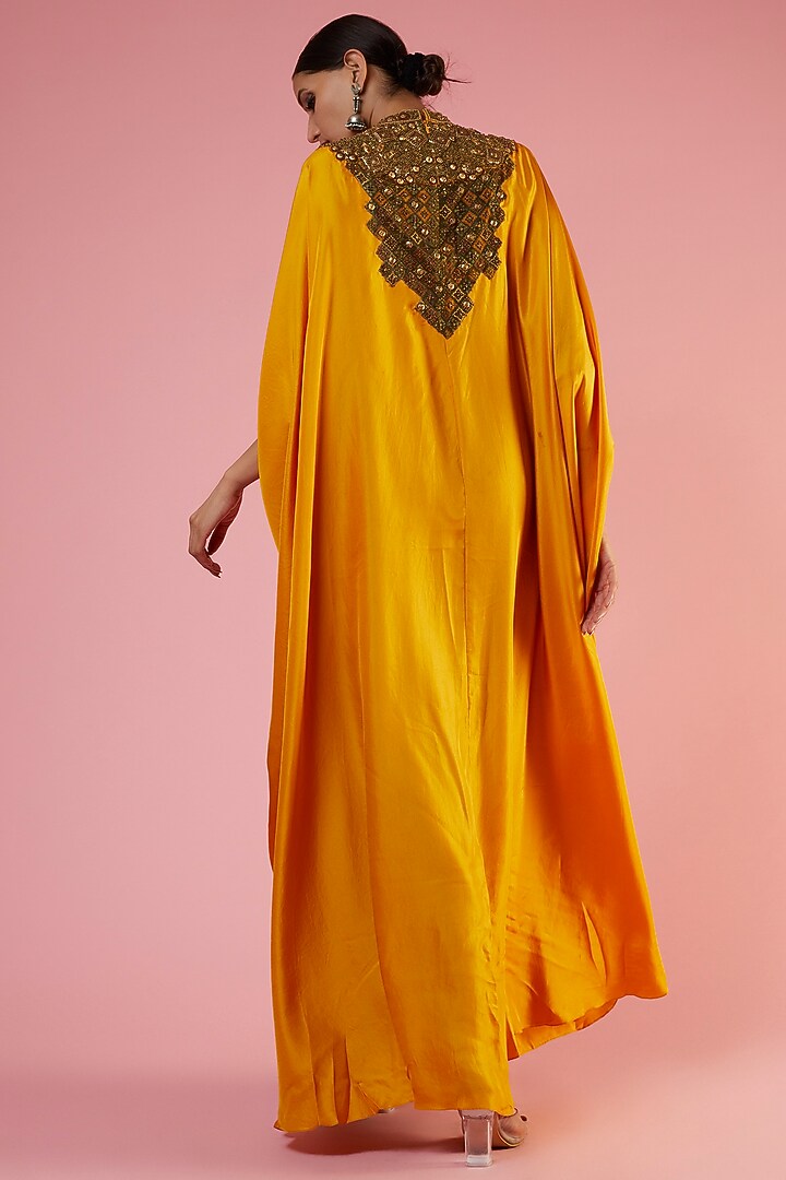 Mustard embellished kaftan with printed slit and green palazzos available only at Pernia's Pop Up Shop.