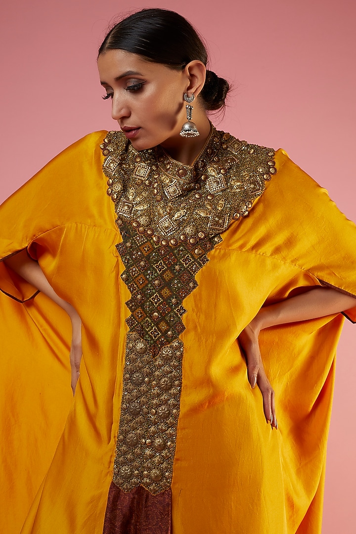 Mustard embellished kaftan with printed slit and green palazzos available only at Pernia's Pop Up Shop.