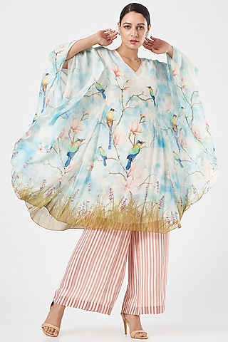 Sky Blue Georgette Printed Kaftan Set by Ashima Leena