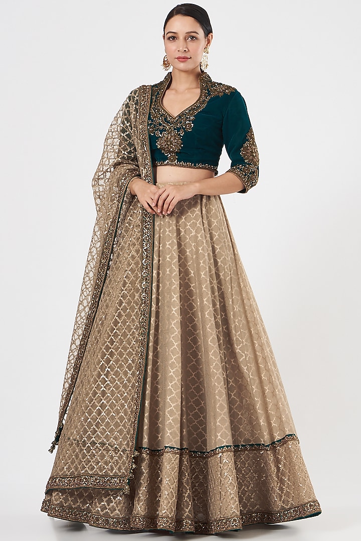 Beige Silk Printed Lehenga Set by Ashima Leena